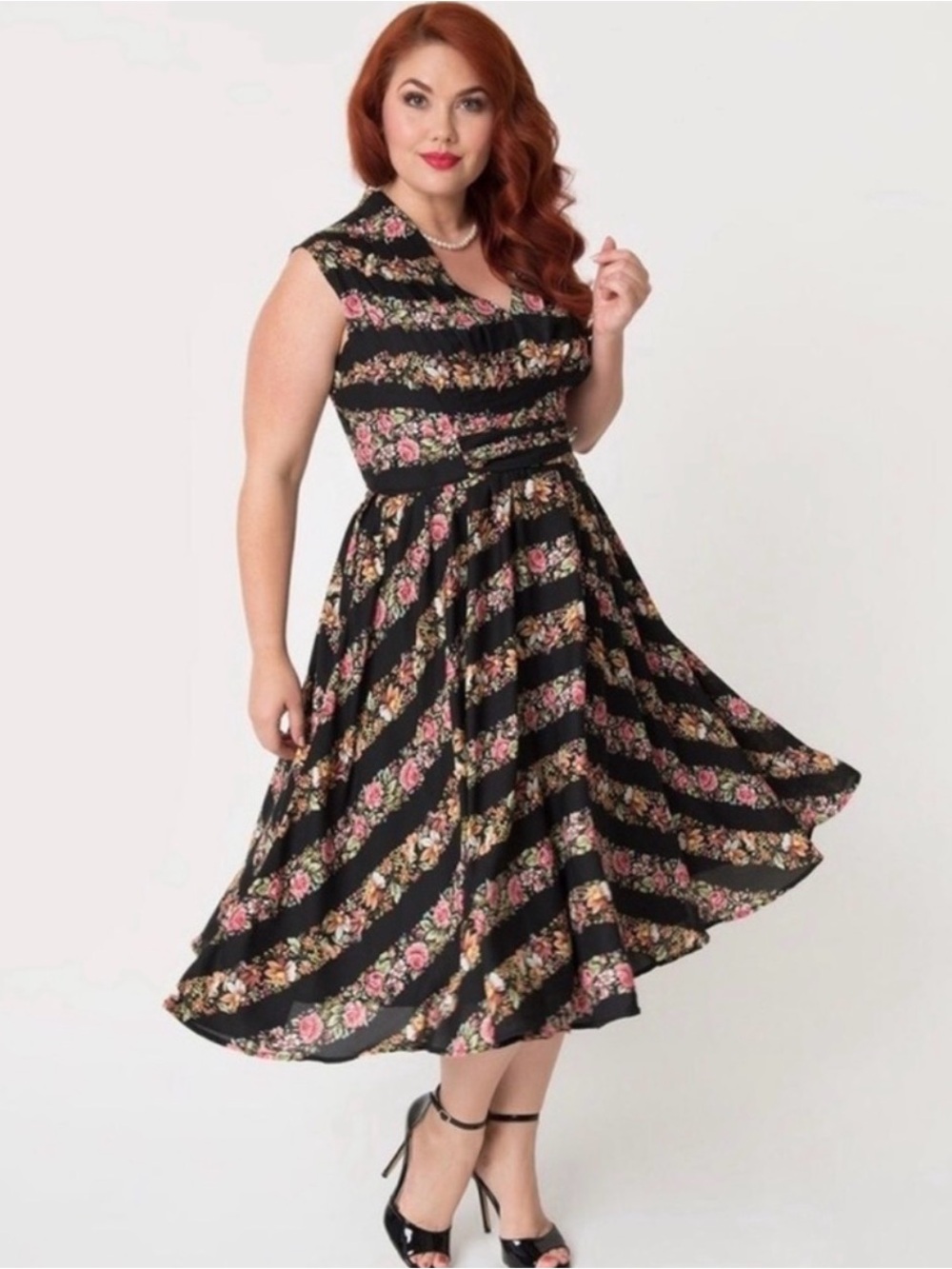 Unique Vintage Black Floral Midi Dress with Pink and Yellow Roses